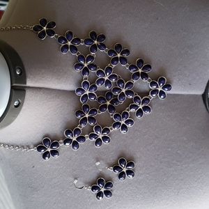 Necklace & Earrings - Blue Flowers with Rhinestones